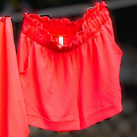 Tyche Bright Coral Crepe Texture Top and Shorts Set - Picture 2 of 5